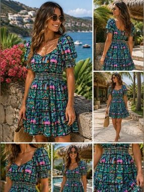 Joy Joy Tropical Safari Print Sweetheart Mini Dress
